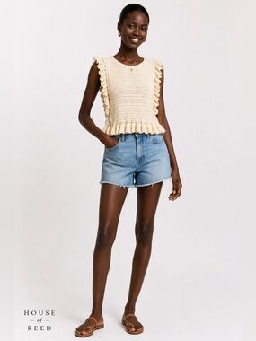 Bandit and the Babe Cream Crochet Ruffle Sleeveless Sweater Top Medium Boho